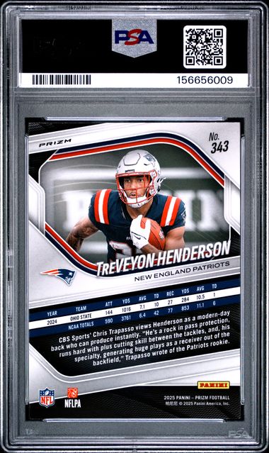 2025 Panini Prizm TreVeyon Henderson Lazer #343 RC New England Patriots PSA 10