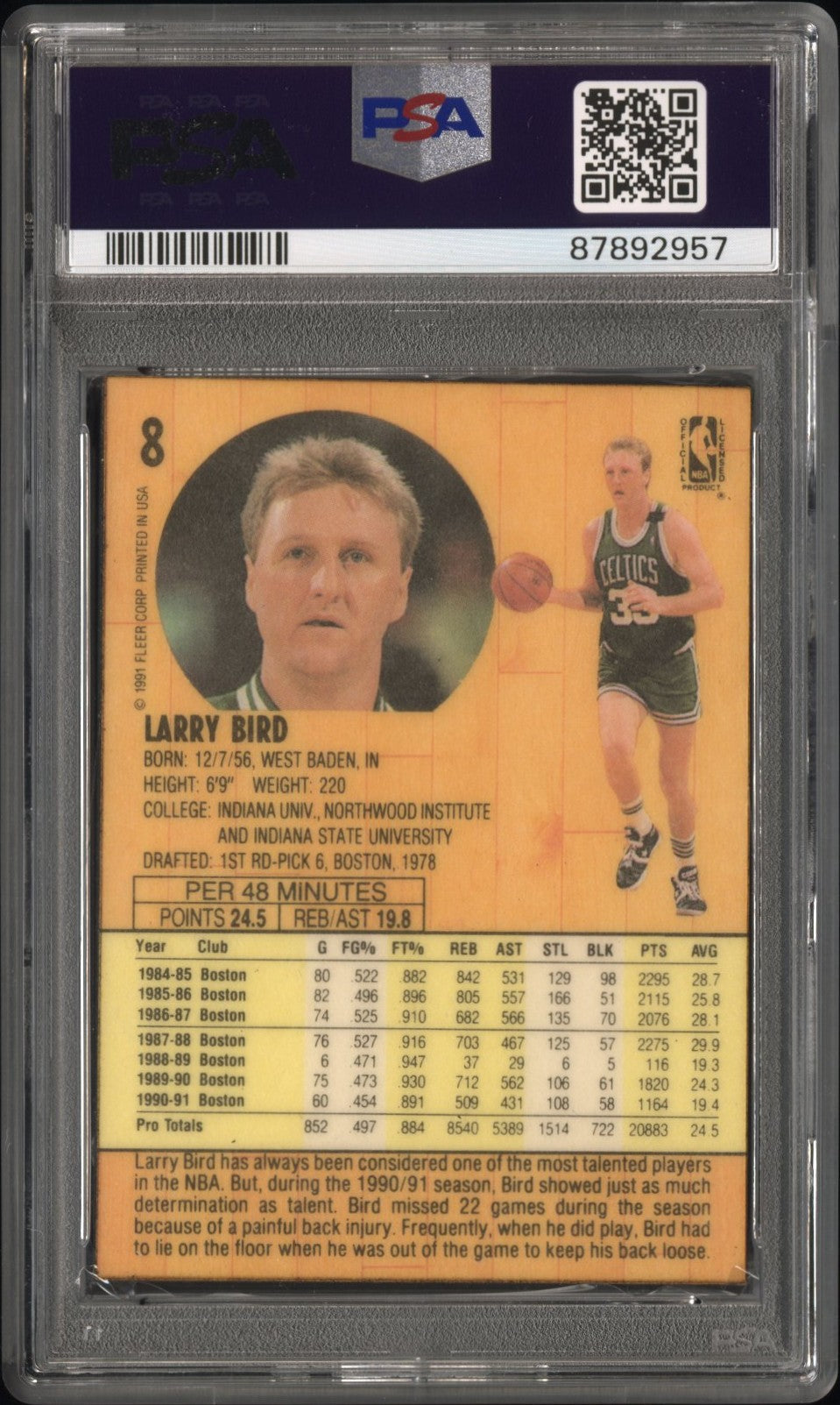 1991 Fleer Larry Bird 3-D Wrapper Redemption #8 PSA 8