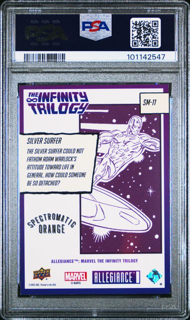 2024 UPPER DECK MARVEL ALLEGIANCE THE INFINITY TRILOGY SPECTROMATIC #SM11 SILVER SURFER SPECTROMATIC-ORANGE PSA 8 SC7
