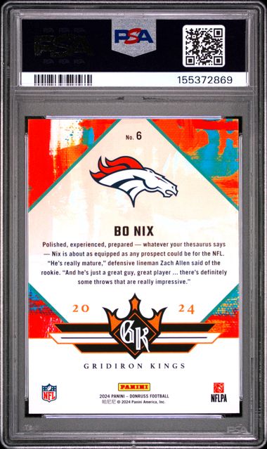 2024 PANINI DONRUSS ROOKIE GRIDIRON KINGS #6 BO NIX PSA 9