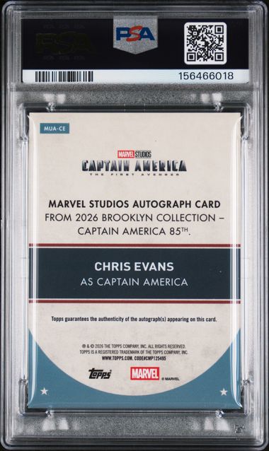 2026 Topps Brooklyn Collection Captain America 85th Anniversary MCU Autographs Chris Evans Red 5/5 #MUA-CE PSA 9