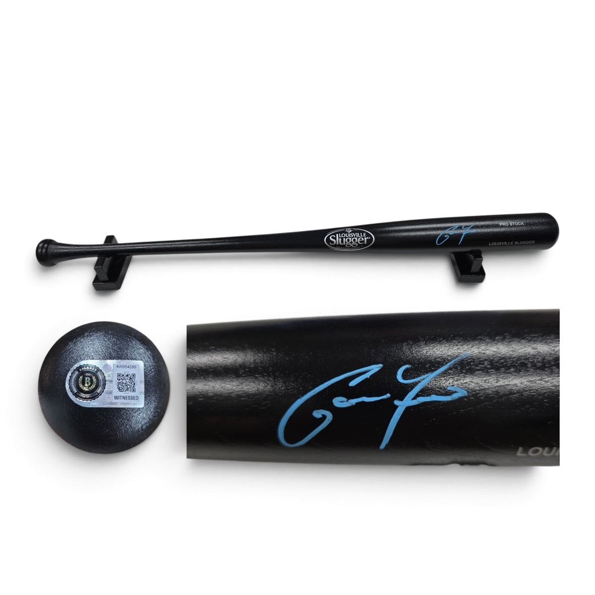 Lake Country Cards autographed Louisville Slugger black wooden baseball bat with blue signature and hologram seal.