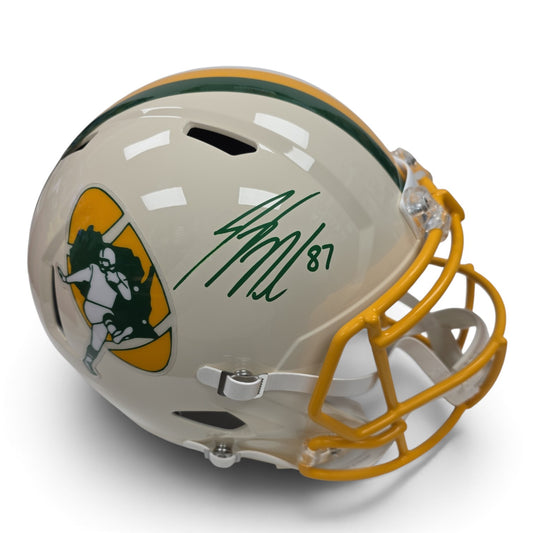 Lake Country Cards autographed cream football helmet with green and yellow team graphics and a yellow face mask.
