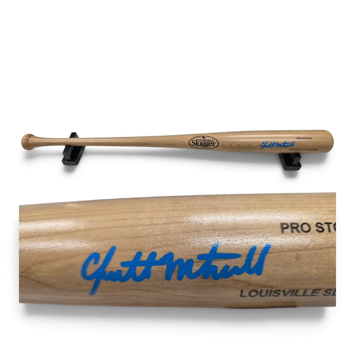 Lake Country Cards Louisville Slugger professional grade wooden baseball bat with a bold blue signature on the barrel.