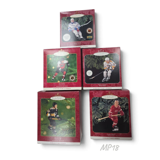 Lake Country Cards Hallmark Keepsake Hockey Greats ornament collection featuring iconic NHL players in action poses.
