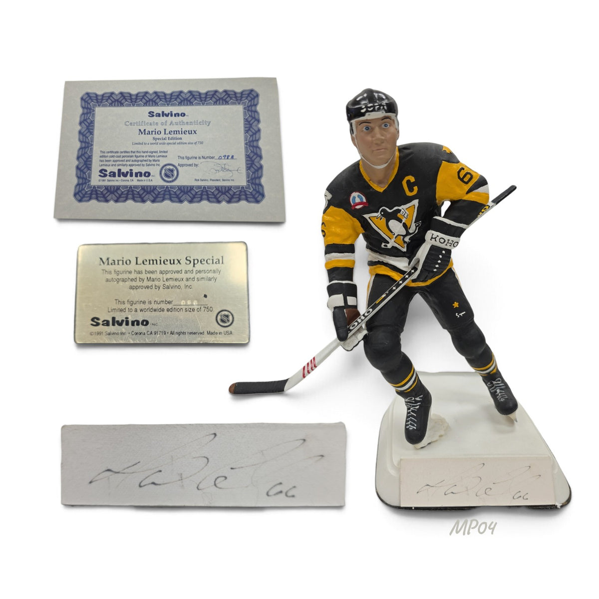 Lake Country Cards limited edition Mario Lemieux Salvino hockey figurine with autograph, COA, and metal plaque.
