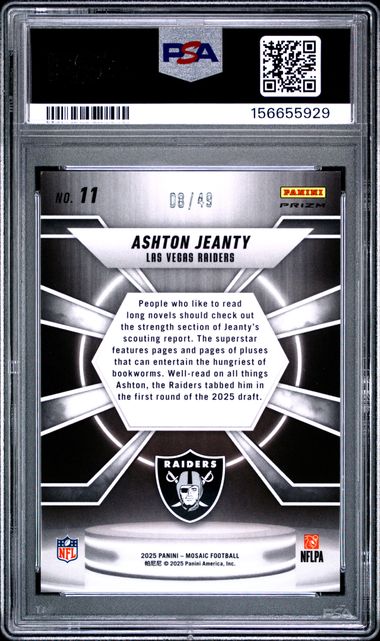2025 Panini Mosaic Ashton Jeanty Center Stage Purple Prizm /49 #11 RC Raiders PSA 10