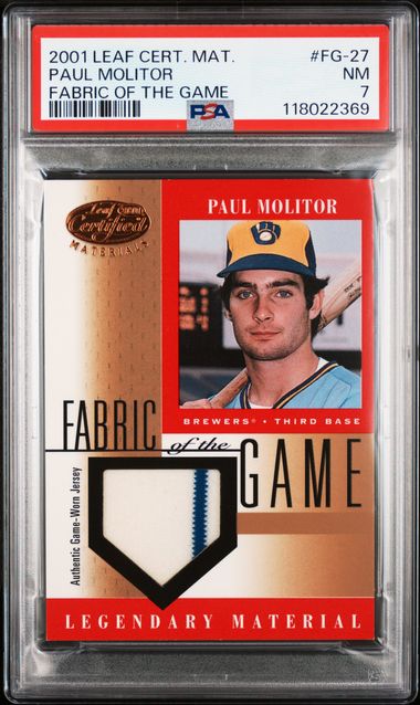 2001 LEAF CERTIFIED MATERIALS FABRIC OF THE GAME #FG-27 PAUL MOLITOR FABRIC OF THE GAME PSA 7