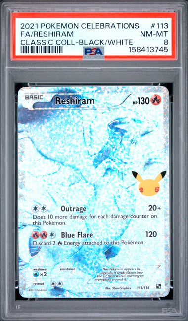 2021 POKEMON CELEBRATIONS CLASSIC COLLECTION #113 FA/RESHIRAM CLASSIC COLL-BLACK/WHITE PSA 8 SC1