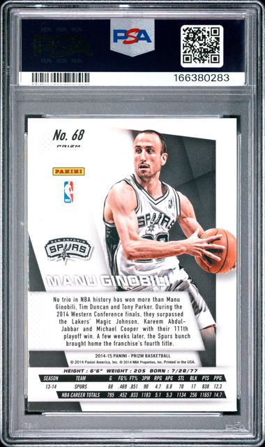 2014 PANINI PRIZM #68 MANU GINOBILI YELLOW & RED MOSAIC PRIZM PSA 10 JR9272-19