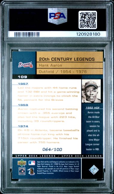 2000 UPPER DECK LEGENDS #109 HANK AARON COMMEMORATIVE COLL. PSA 6