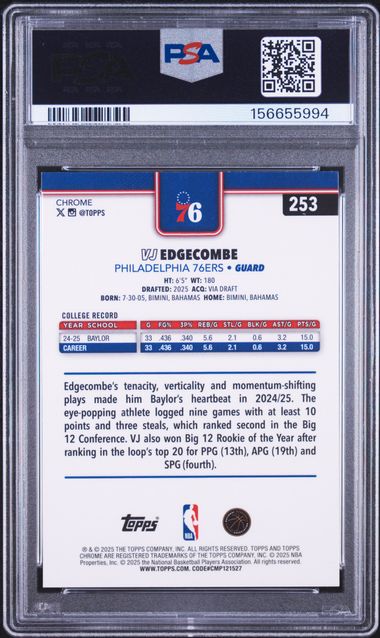 2025-26 Topps Chrome VJ Edgecombe X-Fractor #253 RC Philadelphia 76ers PSA 10