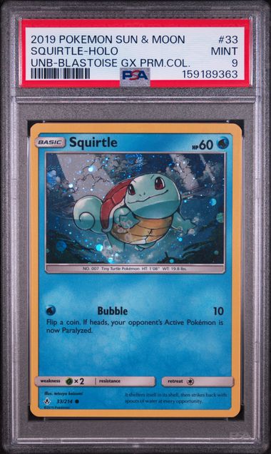2019 POKEMON SUN & MOON UNBROKEN BONDS #33 SQUIRTLE-HOLO UNB-BLASTOISE GX PRM.COL. PSA 9 SC1