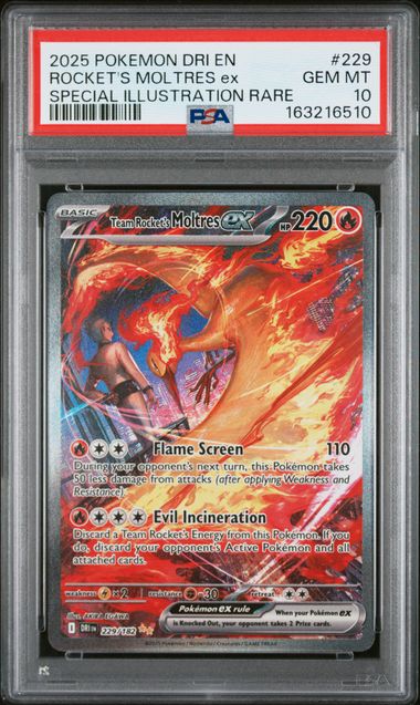2025 POKEMON DRI EN-DESTINED RIVALS #229 ROCKET'S MOLTRES ex SPECIAL ILLUSTRATION RARE PSA 10