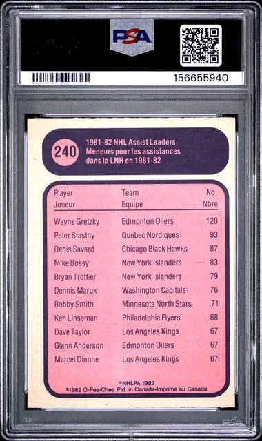 1982-83 O-Pee-Chee Wayne Gretzky #240 Assists League Leaders Edmonton Oilers PSA 8