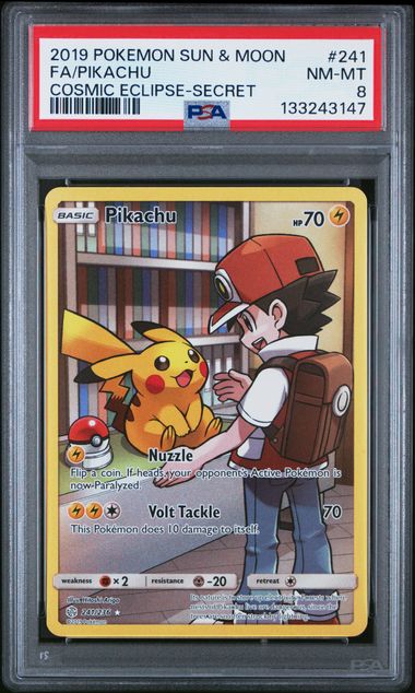 2019 POKEMON SUN & MOON COSMIC ECLIPSE #241 FA/PIKACHU COSMIC ECLIPSE-SECRET PSA 8