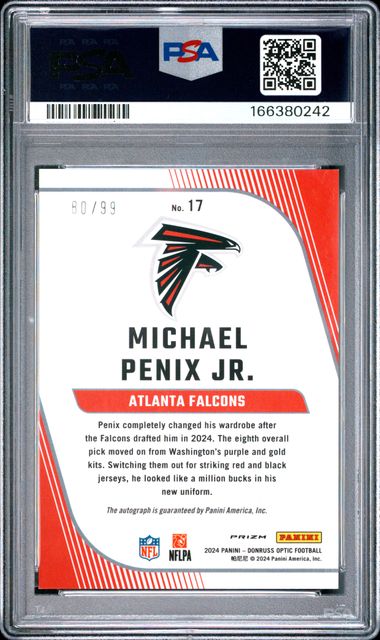 2024 PANINI DONRUSS OPTIC ROOKIE PRIMARY COLORS #17 MICHAEL PENIX JR. ROOKIE PRIMARY COLORS-AUTO PSA 9 JR9272-112