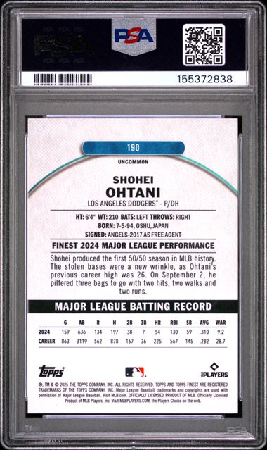 2025 TOPPS FINEST #190 SHOHEI OHTANI GREEN REFRACTOR PSA 9 SC4