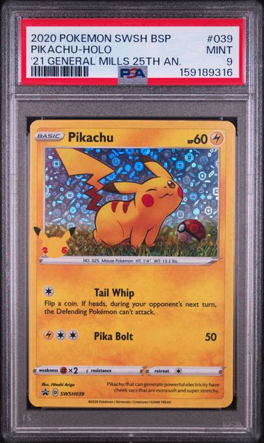 2020 POKEMON SWSH BLACK STAR PROMO #039 PIKACHU-HOLO '21 GENERAL MILLS 25TH AN. PSA 9 SC1