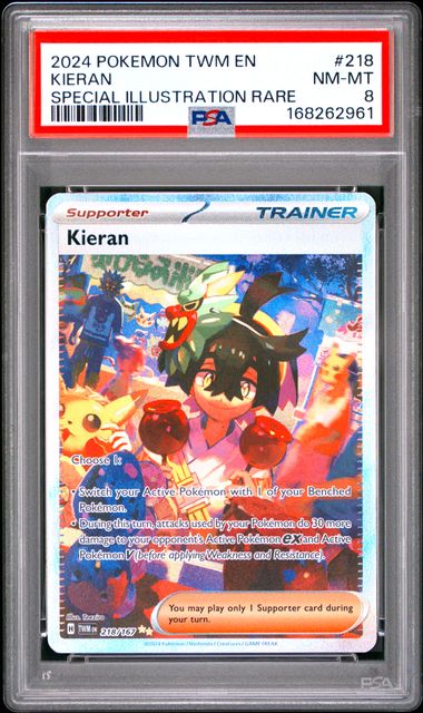 2024 POKEMON TWM EN-TWILIGHT MASQUERADE #218 KIERAN SPECIAL ILLUSTRATION RARE PSA 8 SC1