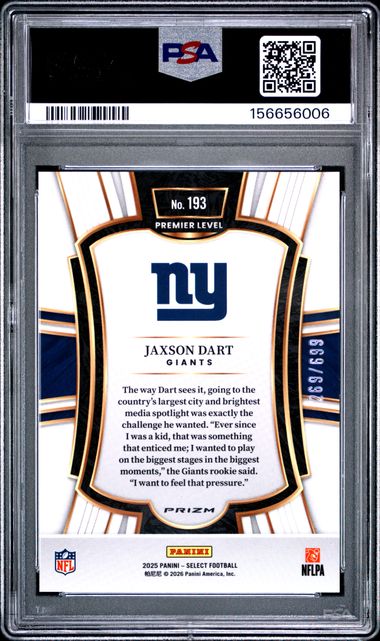 2025 Panini Select Jaxson Dart Premier Level Neon Green Prizm Shock /699 #193 RC Giants PSA 10