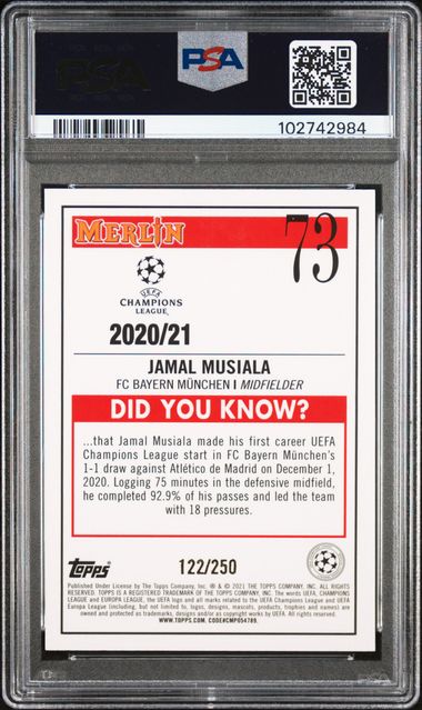 2020 TOPPS MERLIN CHROME UEFA CHAMPIONS LEAGUE #73 JAMAL MUSIALA ATOMIC REFRACTOR PSA 10 JR9272-47