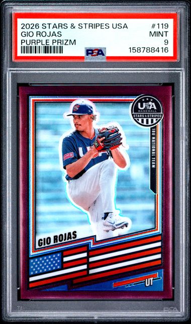 2026 PANINI USA BASEBALL STARS & STRIPES PRIZM #119 GIO ROJAS PURPLE PRIZM PSA 9 SC4