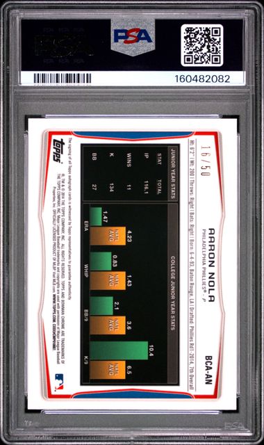 2014 Bowman Chrome Aaron Nola Draft Picks Gold Refractor Auto 16/50 #AN PSA 9