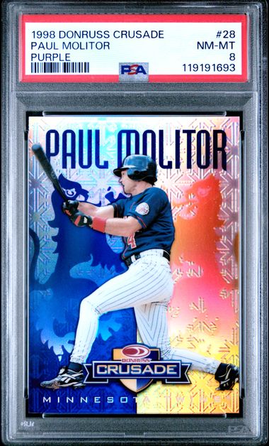 1998 Donruss Crusade Paul Molitor Purple 085/100 #28 PSA 8