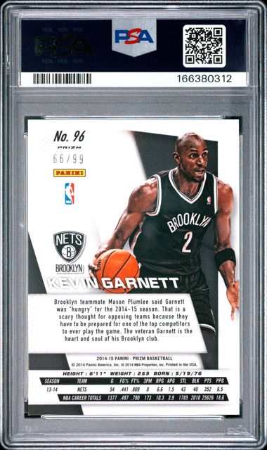2014 PANINI PRIZM #96 KEVIN GARNETT BLUE PRIZM PSA 9 JR9272-72