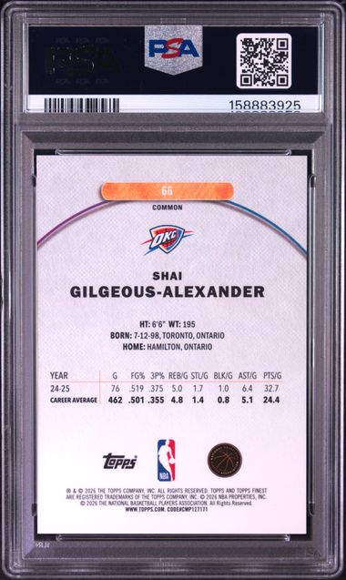 2025 TOPPS FINEST #66 S. GILGEOUS-ALEXANDER PURPLE REFRACTOR PSA 10