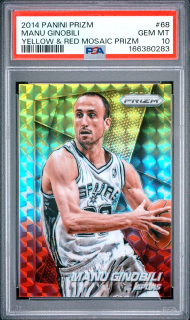 2014 PANINI PRIZM #68 MANU GINOBILI YELLOW & RED MOSAIC PRIZM PSA 10 JR9272-19