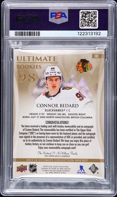 2023 Upper Deck Ultimate Collection Connor Bedard Rookie Jersey Autograph 24/25 #101 PSA 8